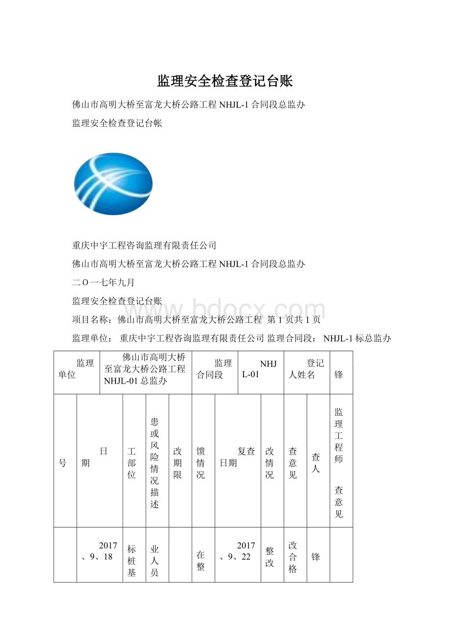 监理安全检查登记台账Word文档下载推荐.docx_第1页