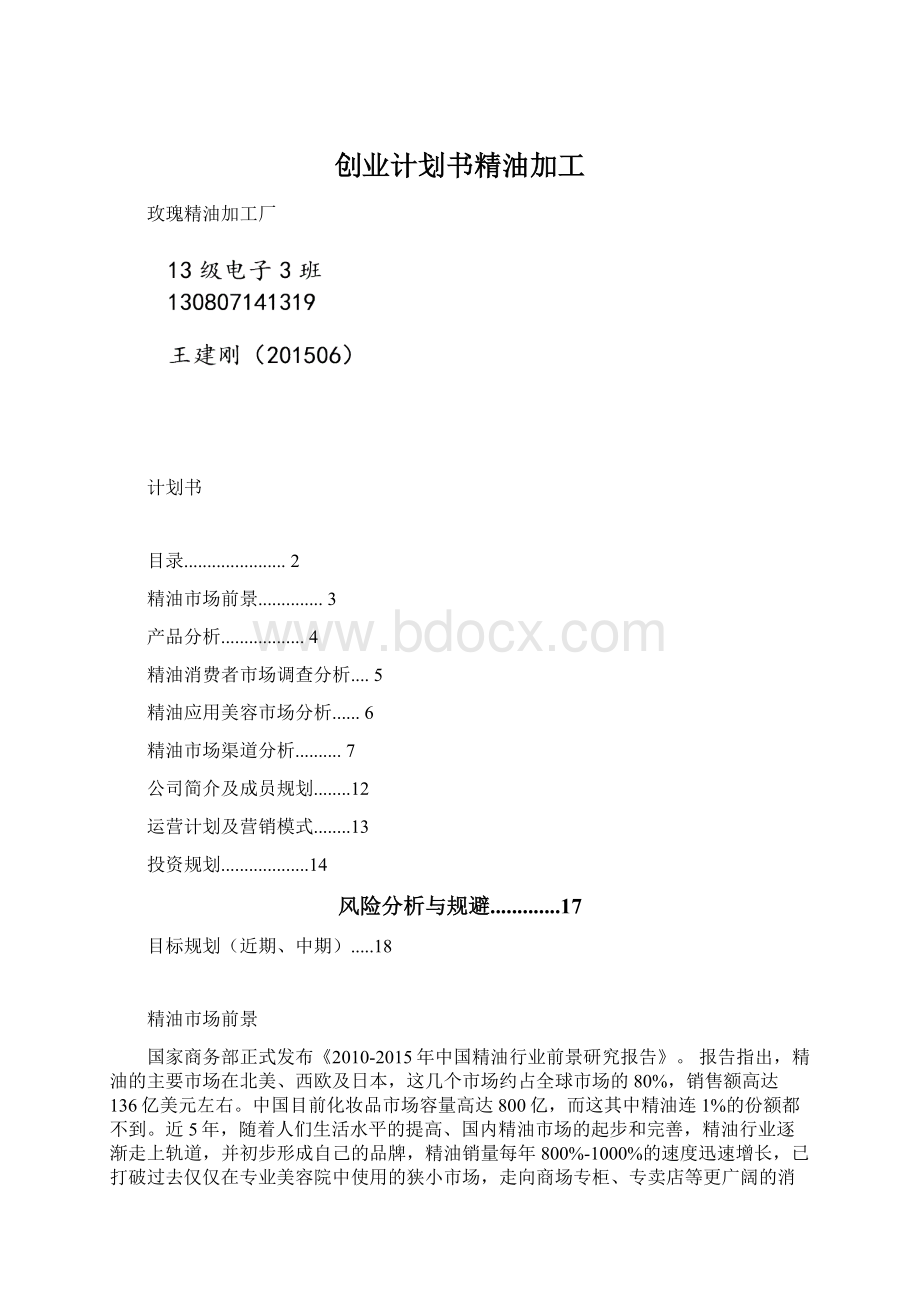 创业计划书精油加工文档格式.docx