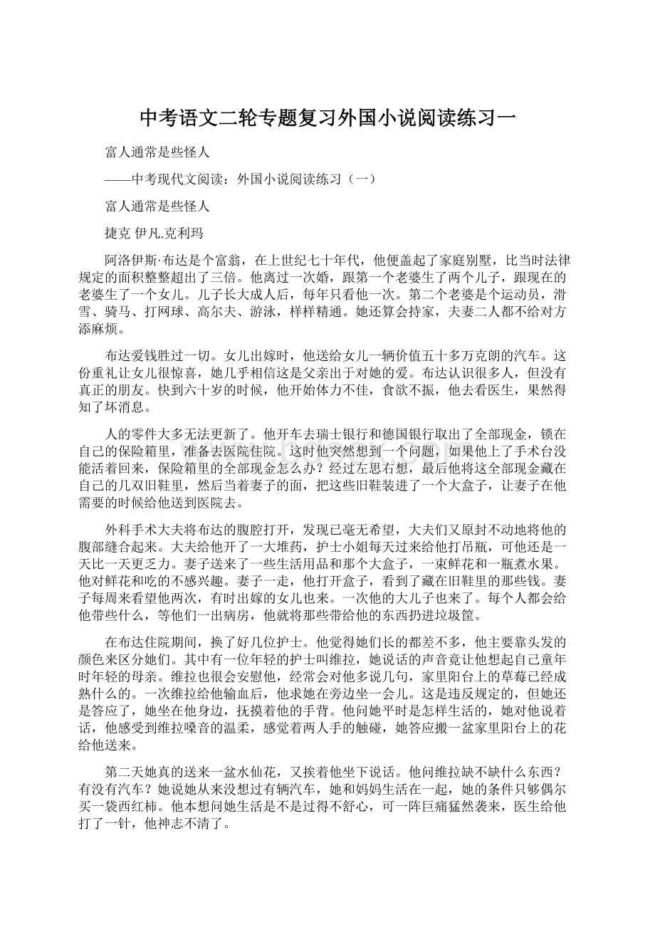 中考语文二轮专题复习外国小说阅读练习一.docx