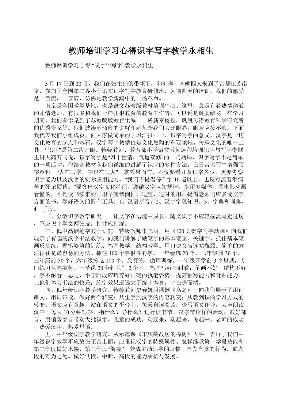 教师培训学习心得识字写字教学永相生Word文档下载推荐.docx