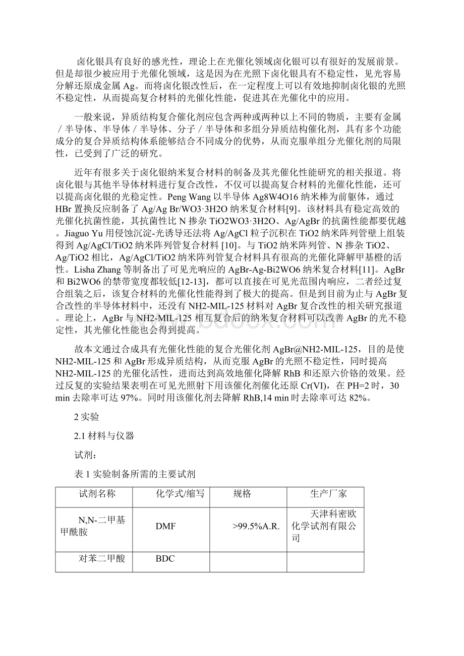 AgBrNH2MIL125复合光催化剂的制备及光催化性能研究Word格式.docx_第3页