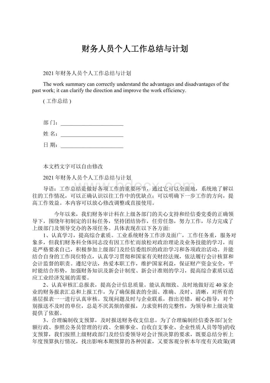 财务人员个人工作总结与计划.docx