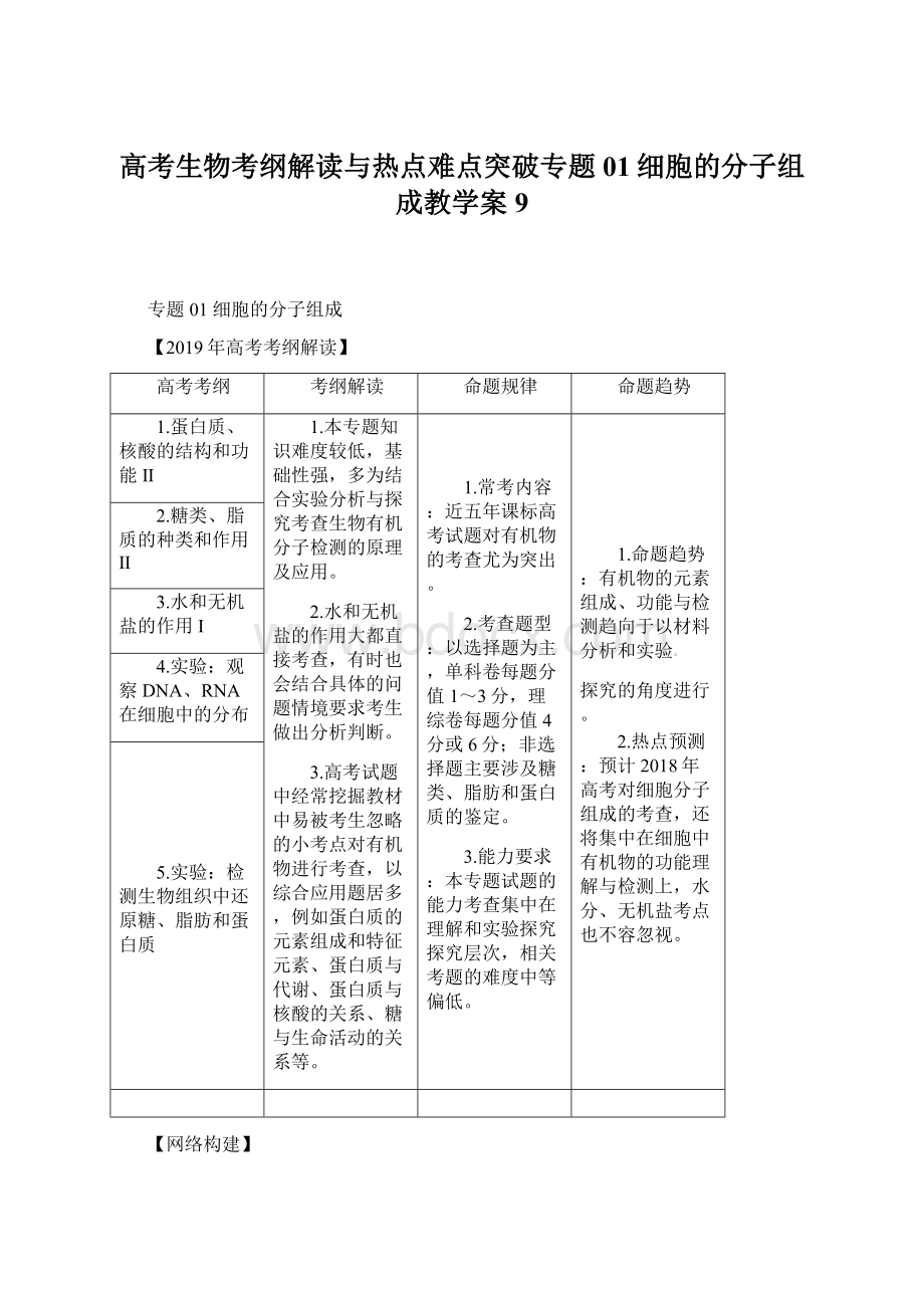 高考生物考纲解读与热点难点突破专题01细胞的分子组成教学案9Word文档下载推荐.docx_第1页