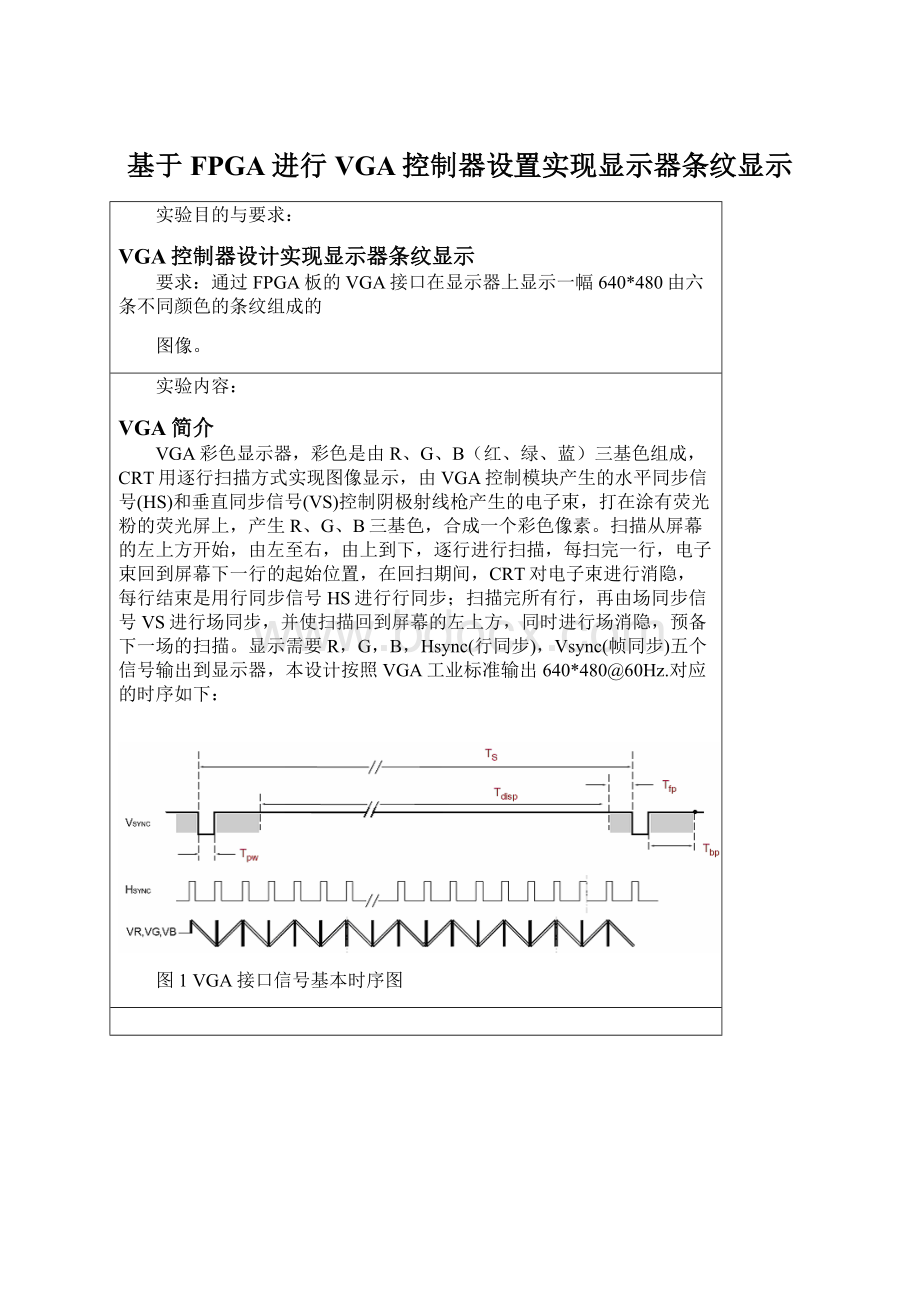 基于FPGA进行VGA控制器设置实现显示器条纹显示.docx_第1页