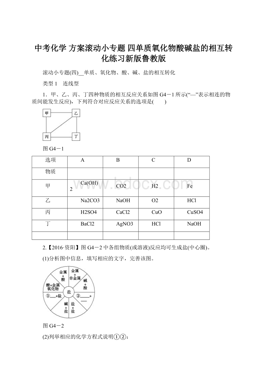 中考化学 方案滚动小专题 四单质氧化物酸碱盐的相互转化练习新版鲁教版文档格式.docx