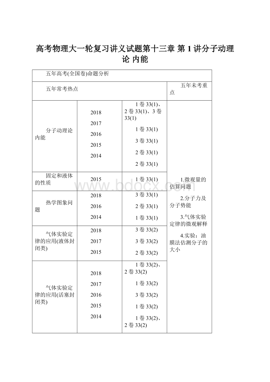 高考物理大一轮复习讲义试题第十三章 第1讲分子动理论 内能Word下载.docx_第1页