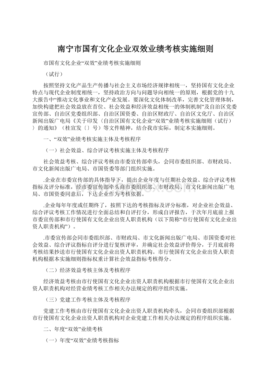 南宁市国有文化企业双效业绩考核实施细则文档格式.docx