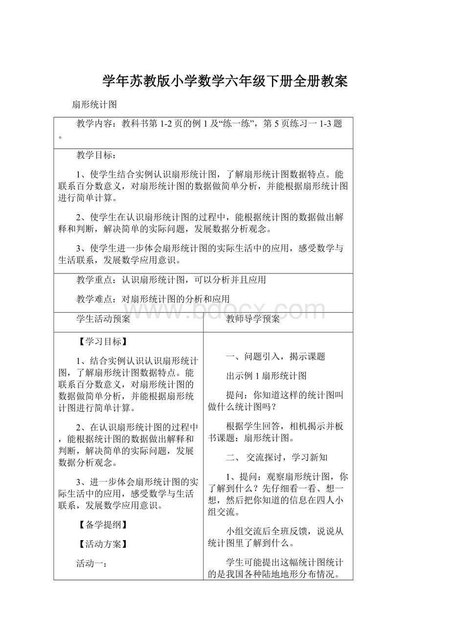 学年苏教版小学数学六年级下册全册教案.docx