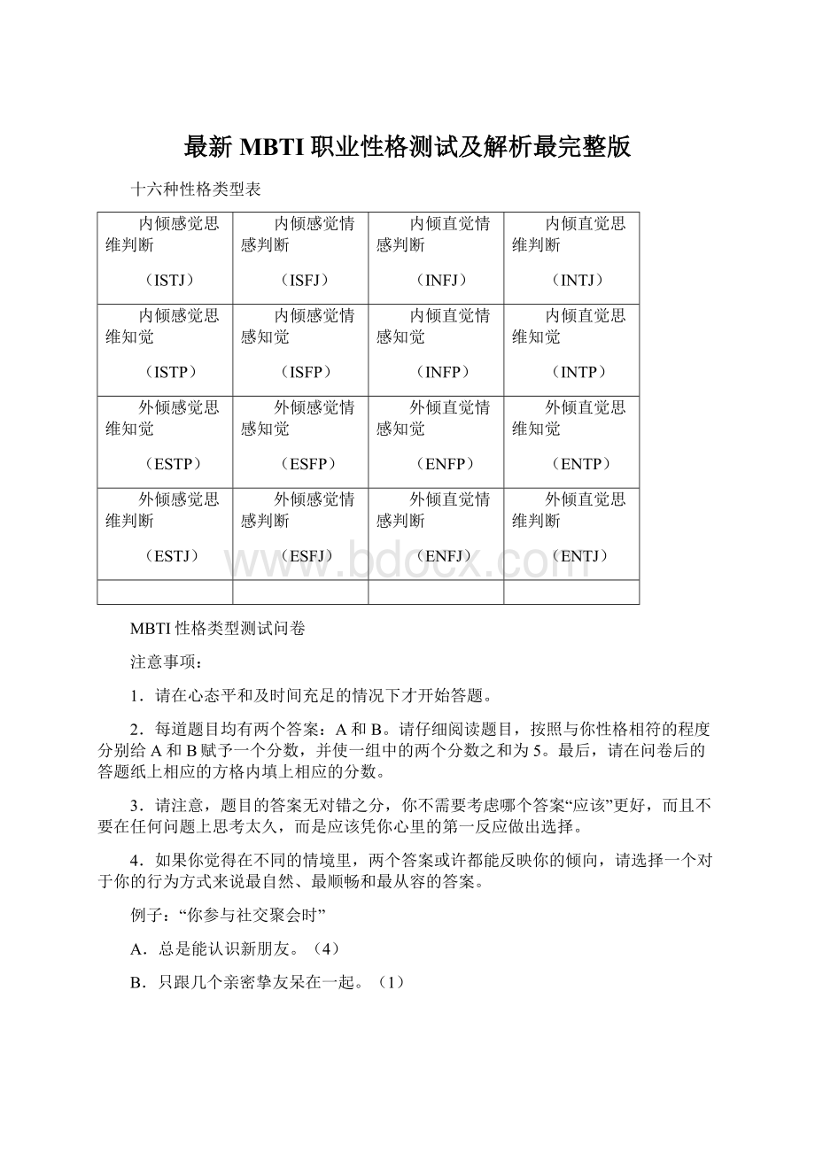 最新MBTI职业性格测试及解析最完整版文档格式.docx_第1页