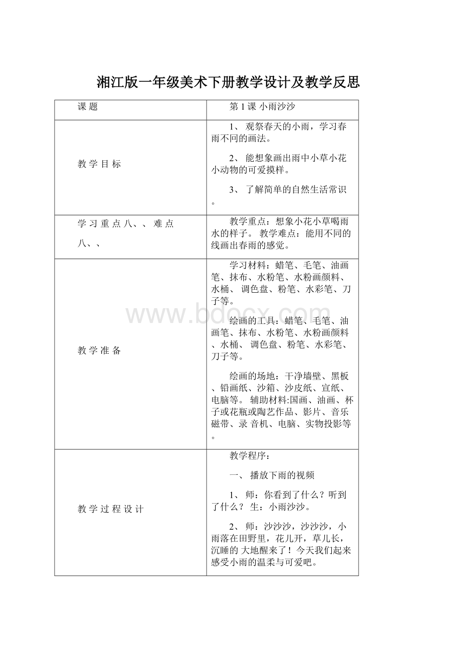 湘江版一年级美术下册教学设计及教学反思.docx