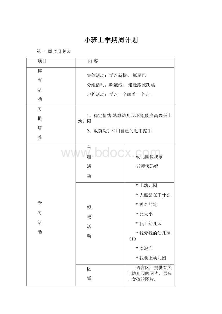 小班上学期周计划Word文档格式.docx