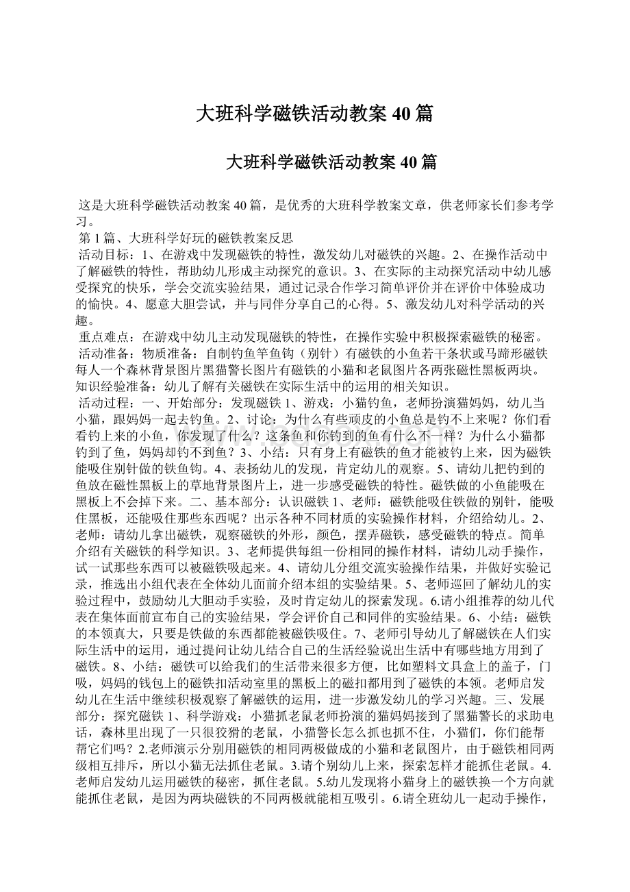 大班科学磁铁活动教案40篇Word格式文档下载.docx