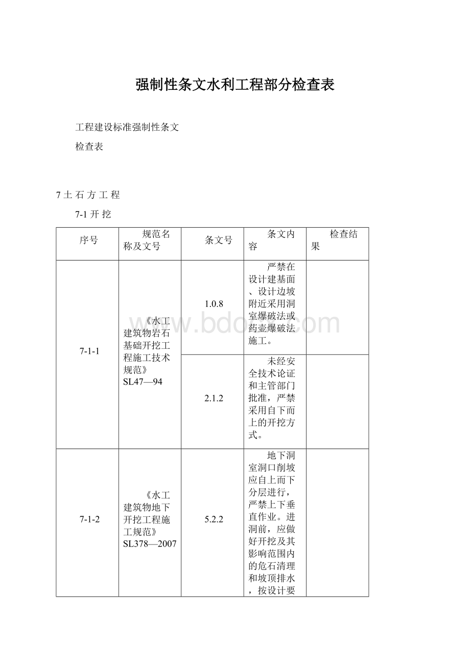 强制性条文水利工程部分检查表Word格式.docx