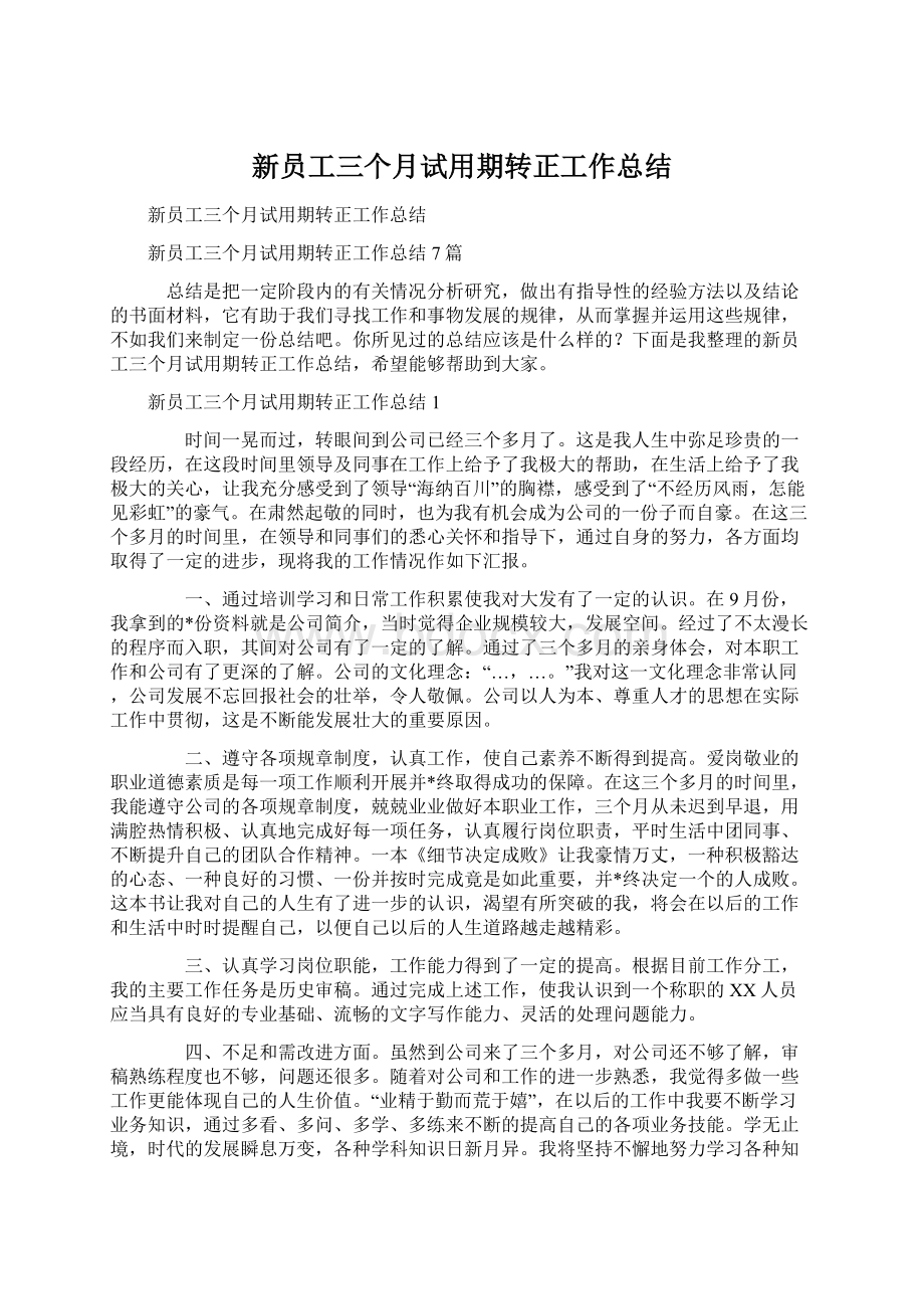 新员工三个月试用期转正工作总结Word文件下载.docx