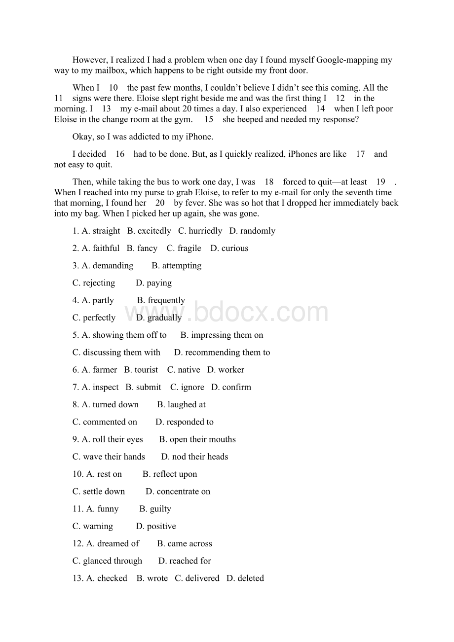 湖北版英语专题检测卷十六 完形填空Word格式文档下载.docx_第2页