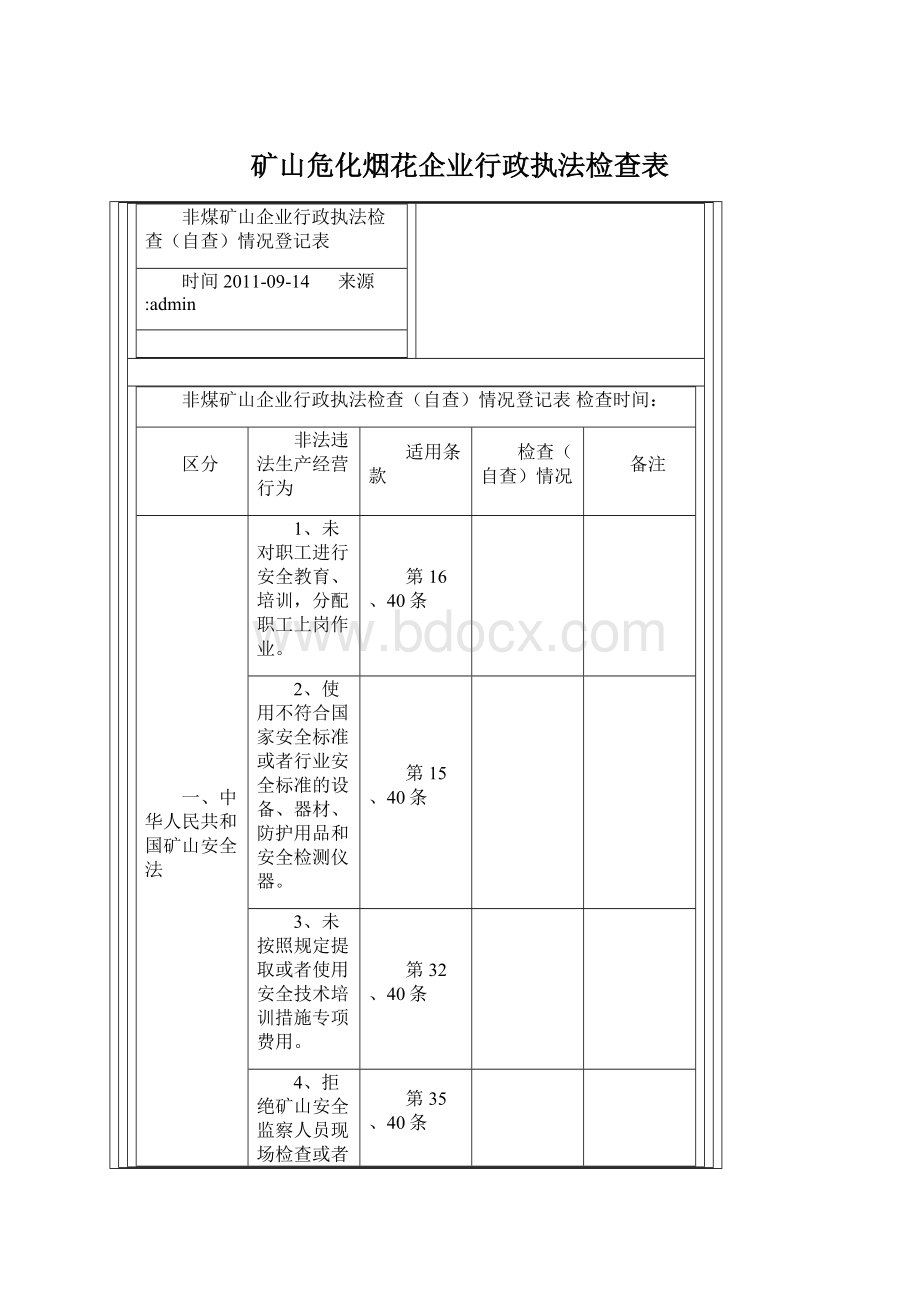 矿山危化烟花企业行政执法检查表Word文档下载推荐.docx_第1页