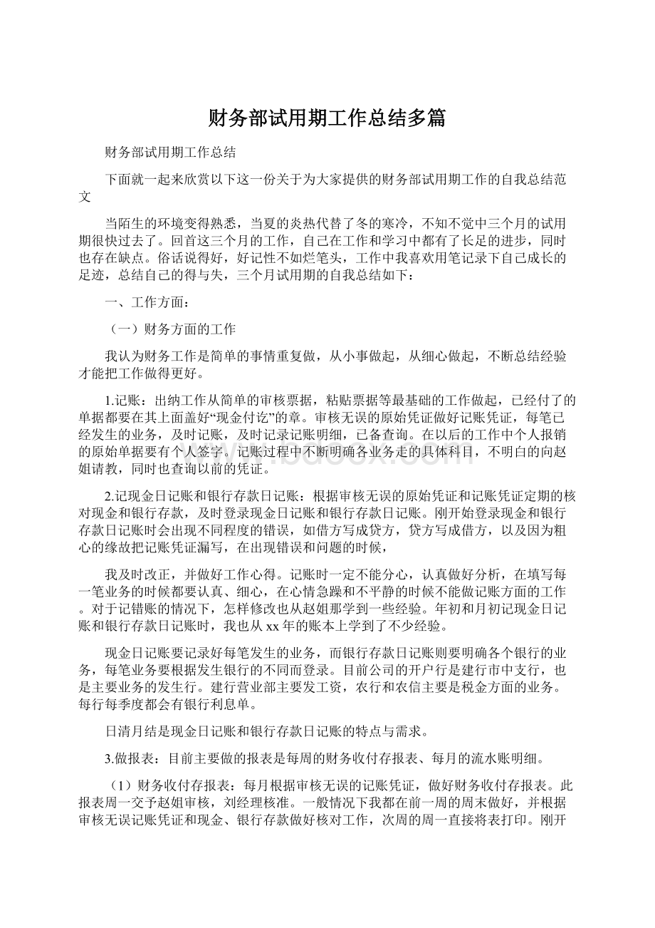 财务部试用期工作总结多篇文档格式.docx