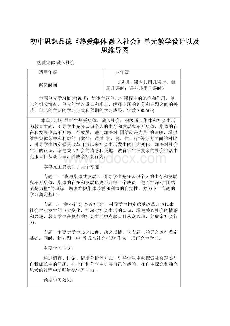 初中思想品德《热爱集体 融入社会》单元教学设计以及思维导图.docx_第1页