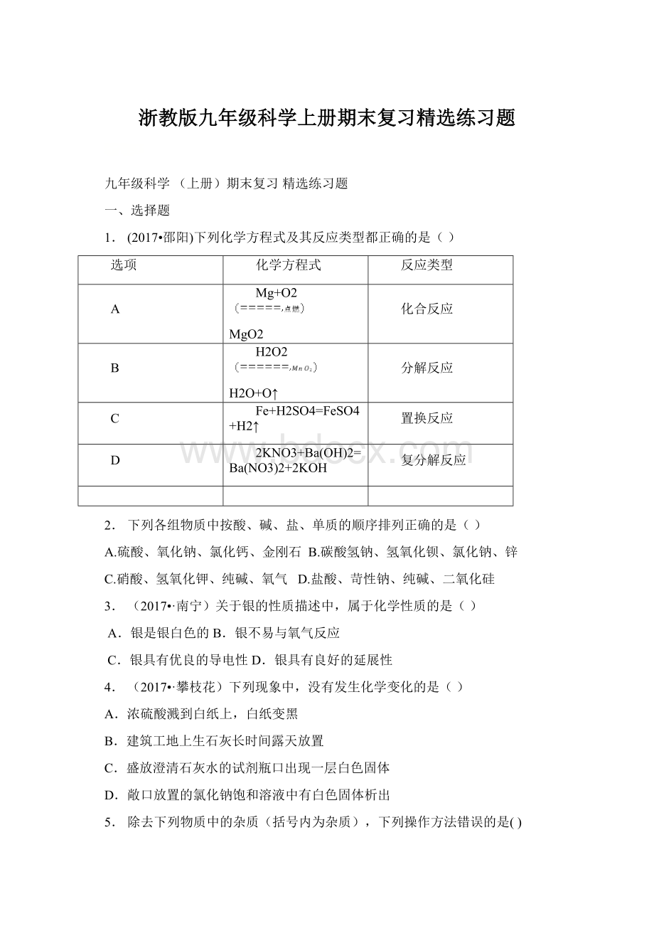 浙教版九年级科学上册期末复习精选练习题.docx