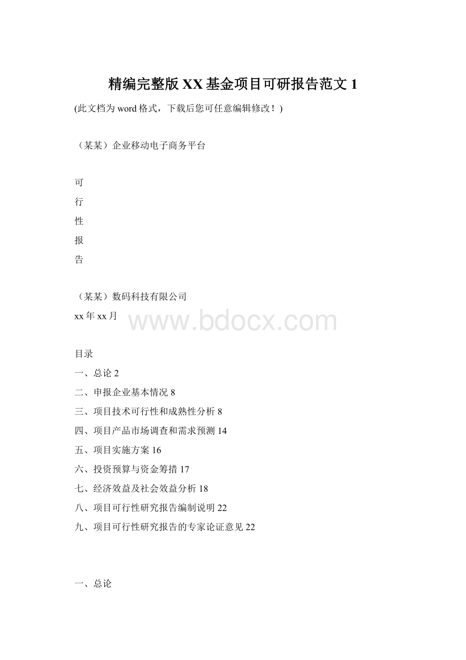 精编完整版XX基金项目可研报告范文1Word文档格式.docx