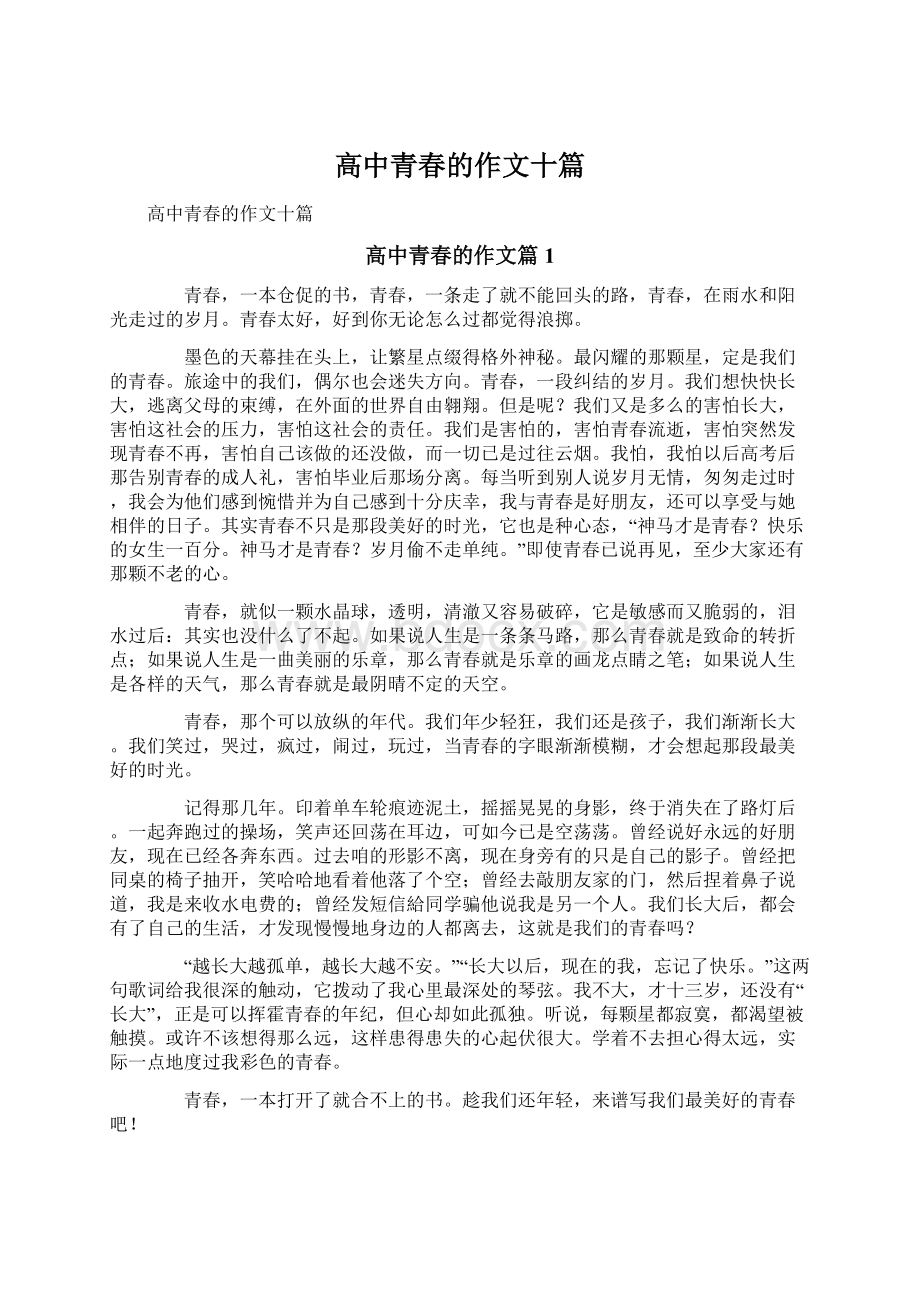 高中青春的作文十篇文档格式.docx