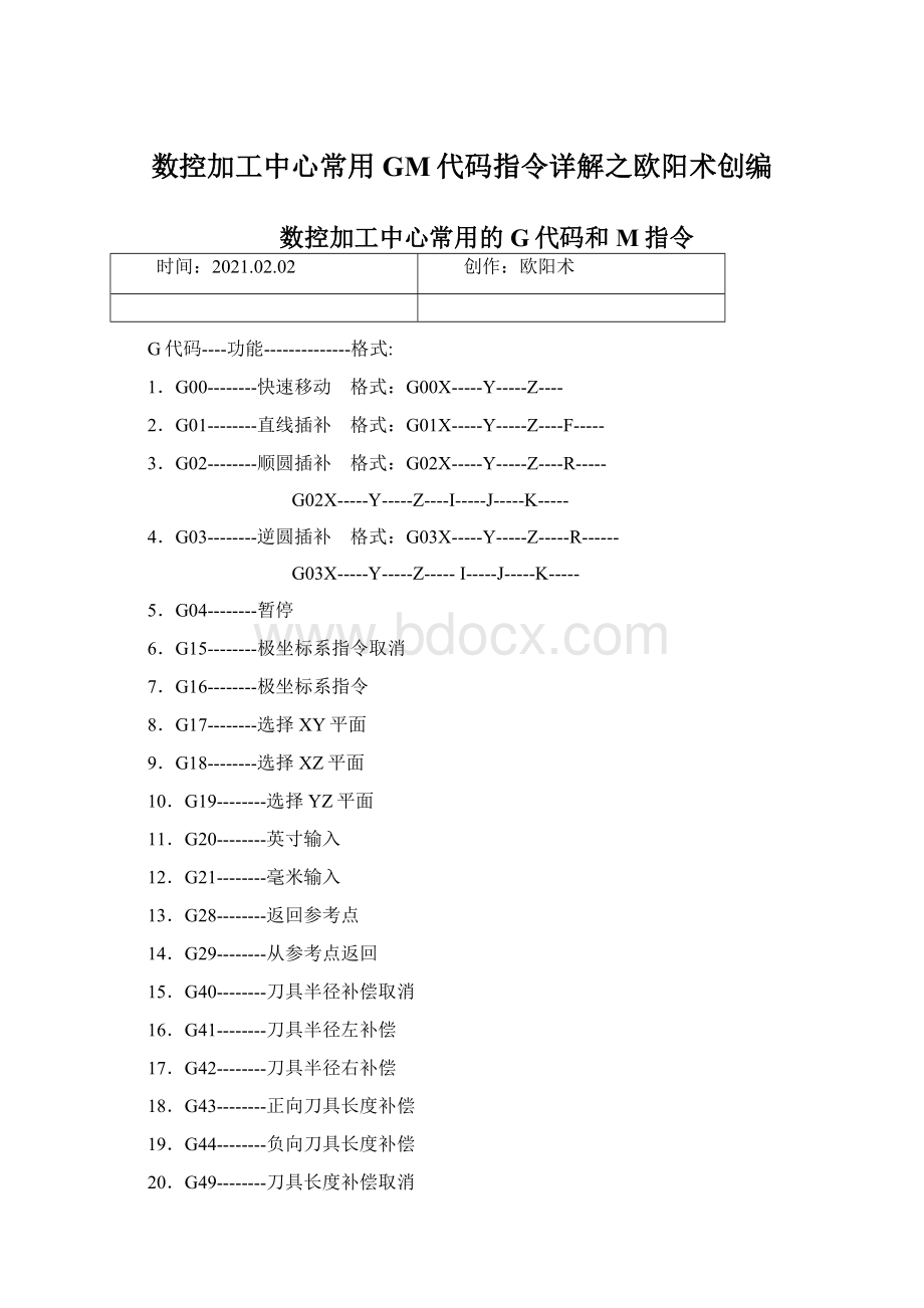 数控加工中心常用GM代码指令详解之欧阳术创编.docx