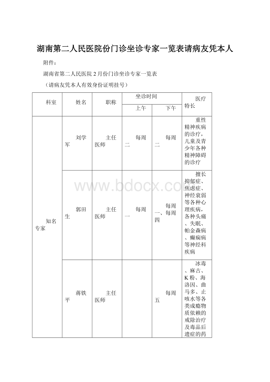 湖南第二人民医院份门诊坐诊专家一览表请病友凭本人.docx_第1页