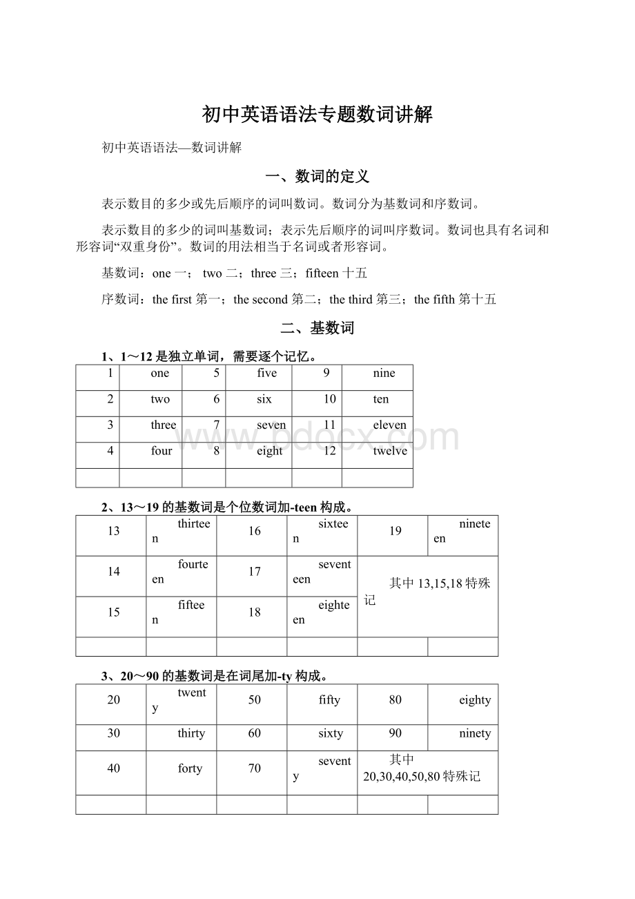 初中英语语法专题数词讲解.docx