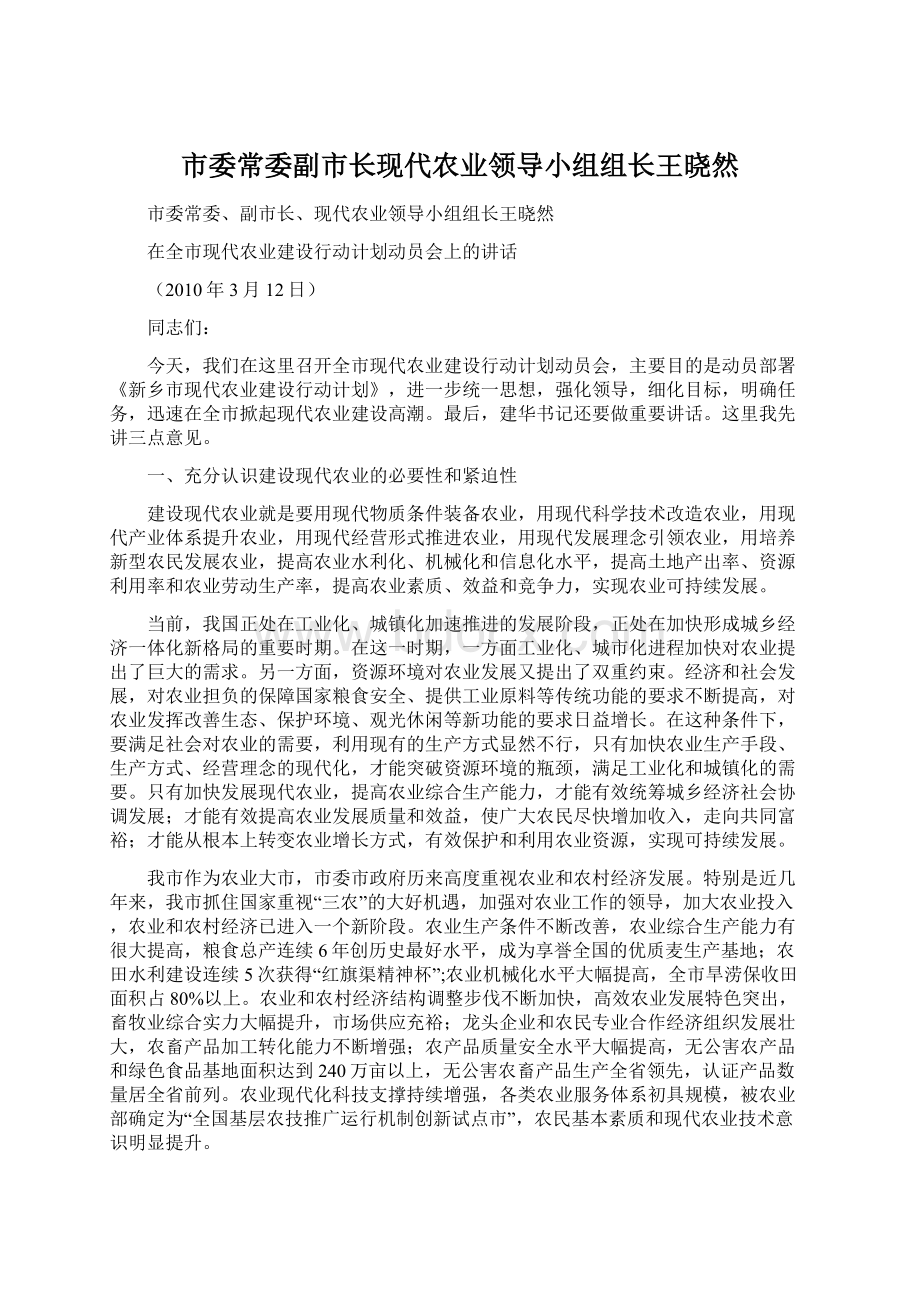 市委常委副市长现代农业领导小组组长王晓然Word文档格式.docx