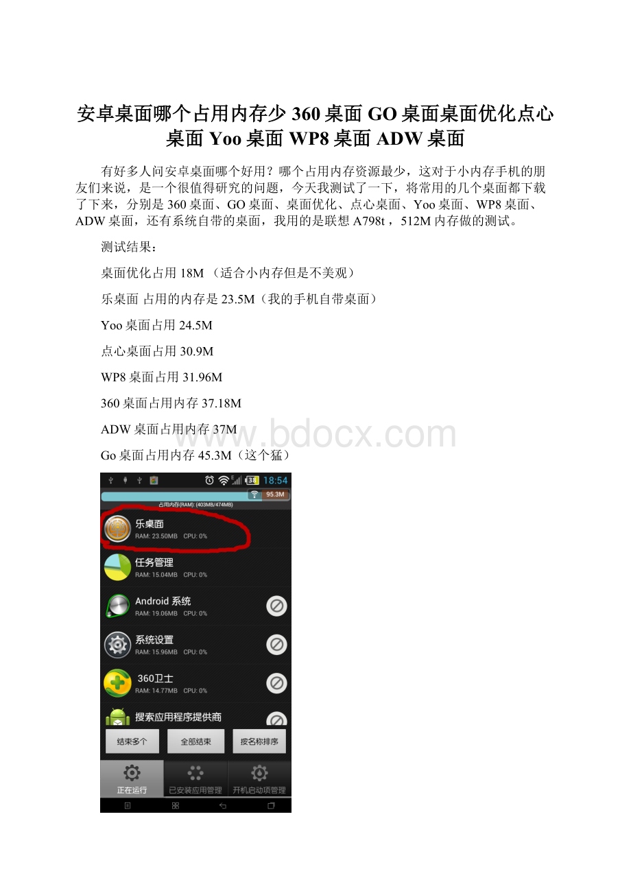 安卓桌面哪个占用内存少 360桌面GO桌面桌面优化点心桌面Yoo桌面WP8桌面ADW桌面Word文件下载.docx