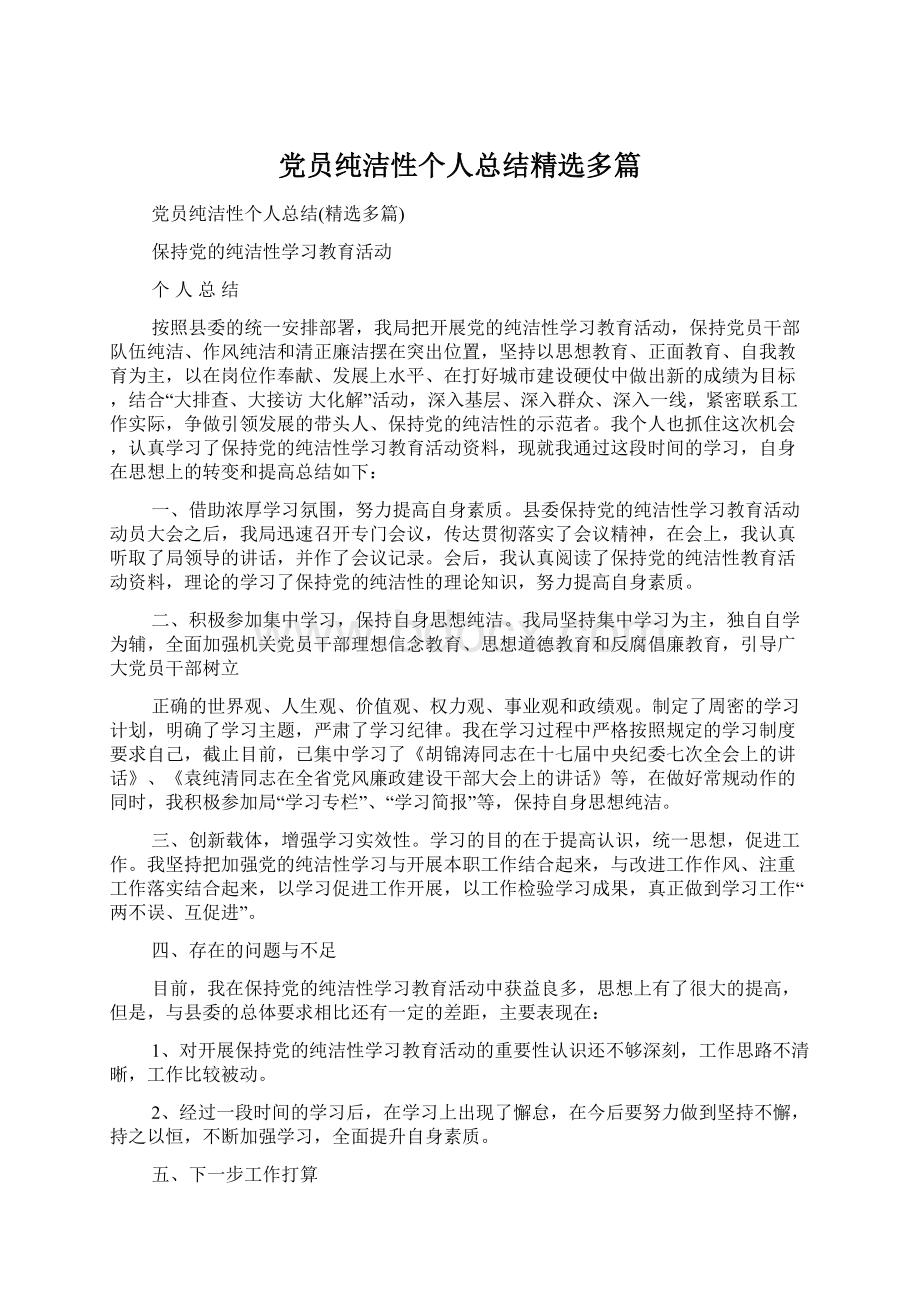 党员纯洁性个人总结精选多篇文档格式.docx_第1页