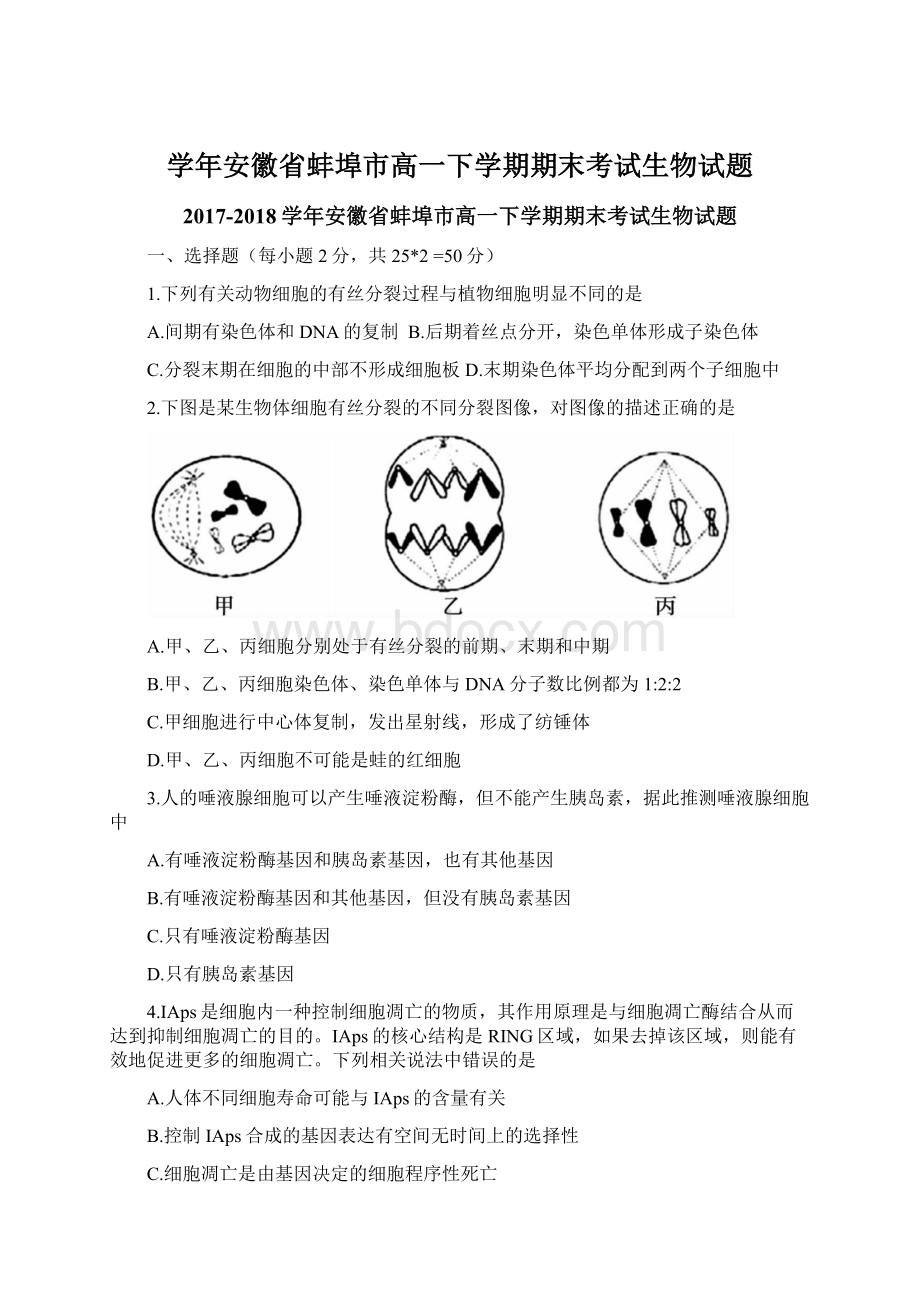 学年安徽省蚌埠市高一下学期期末考试生物试题Word格式文档下载.docx_第1页