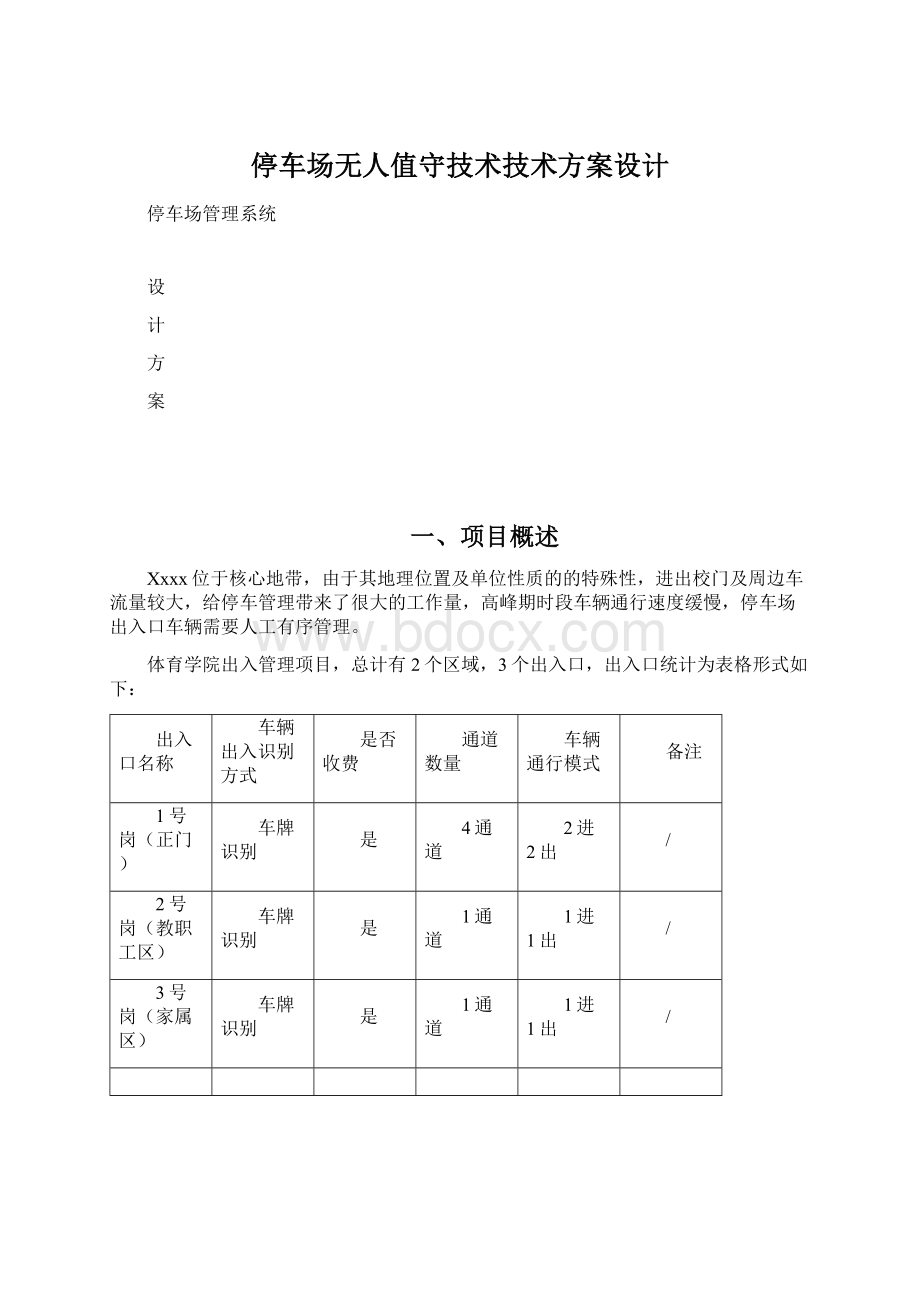 停车场无人值守技术技术方案设计文档格式.docx