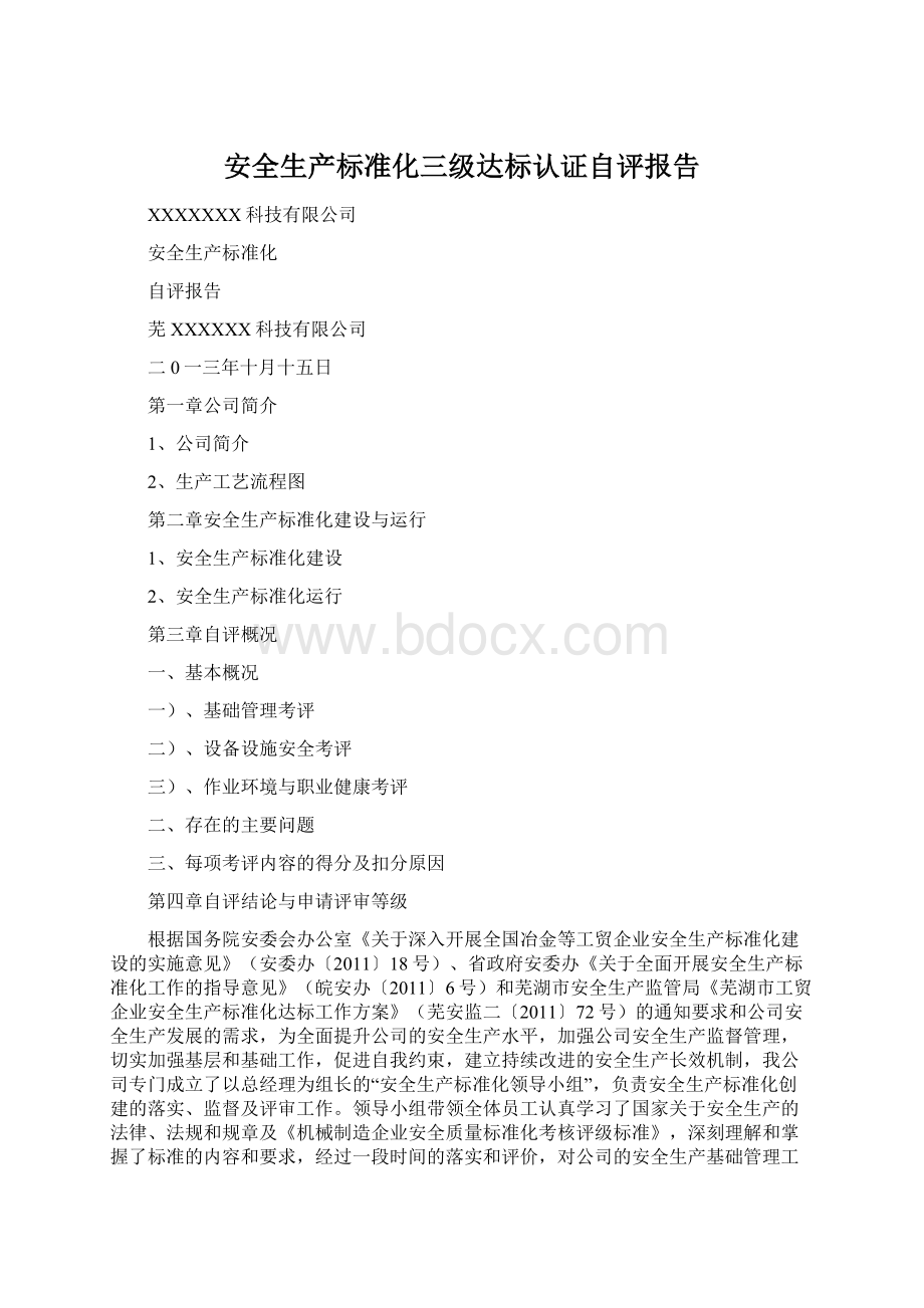 安全生产标准化三级达标认证自评报告Word文档格式.docx_第1页