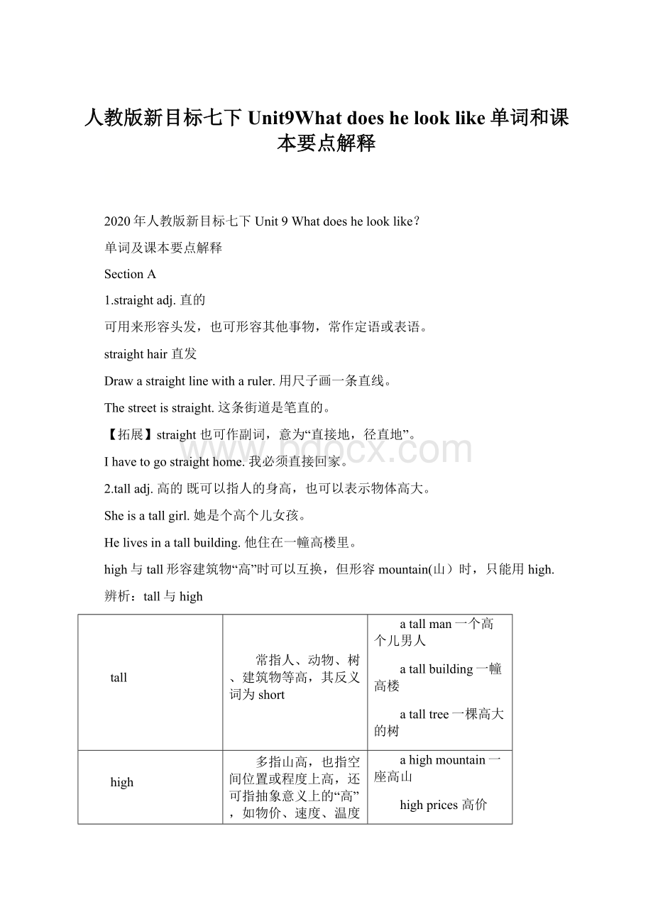 人教版新目标七下Unit9What does he look like单词和课本要点解释Word文档下载推荐.docx