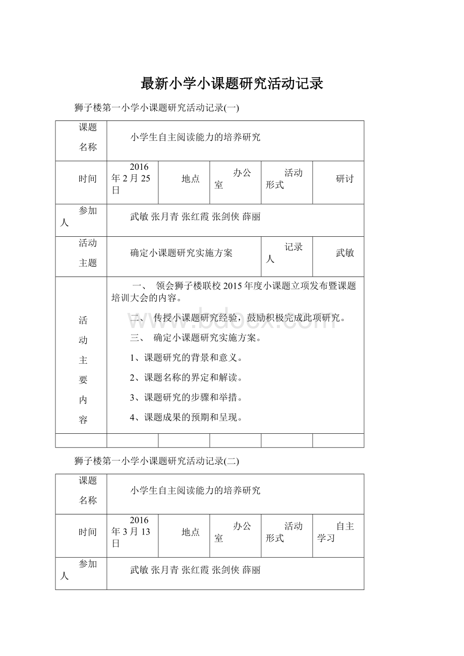 最新小学小课题研究活动记录.docx