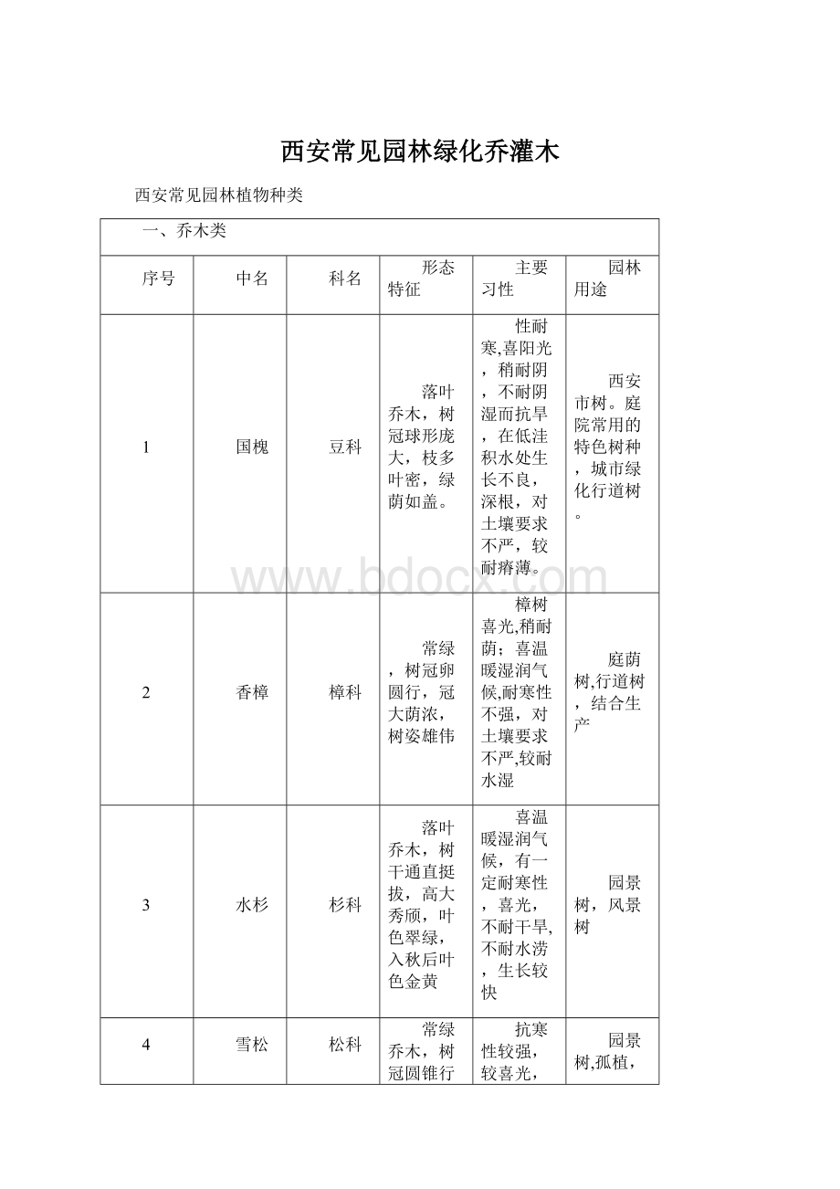 西安常见园林绿化乔灌木Word下载.docx