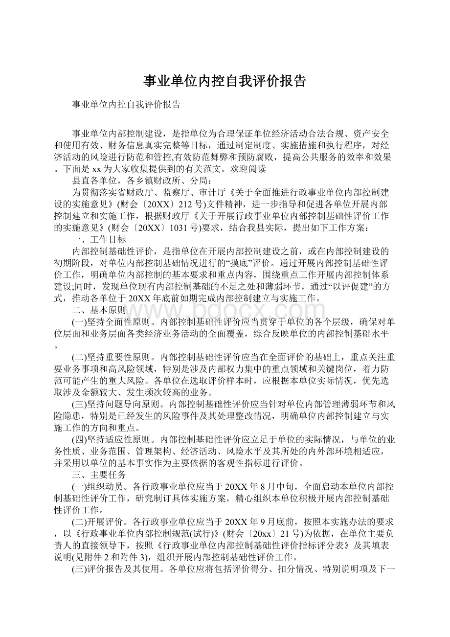 事业单位内控自我评价报告Word文档格式.docx