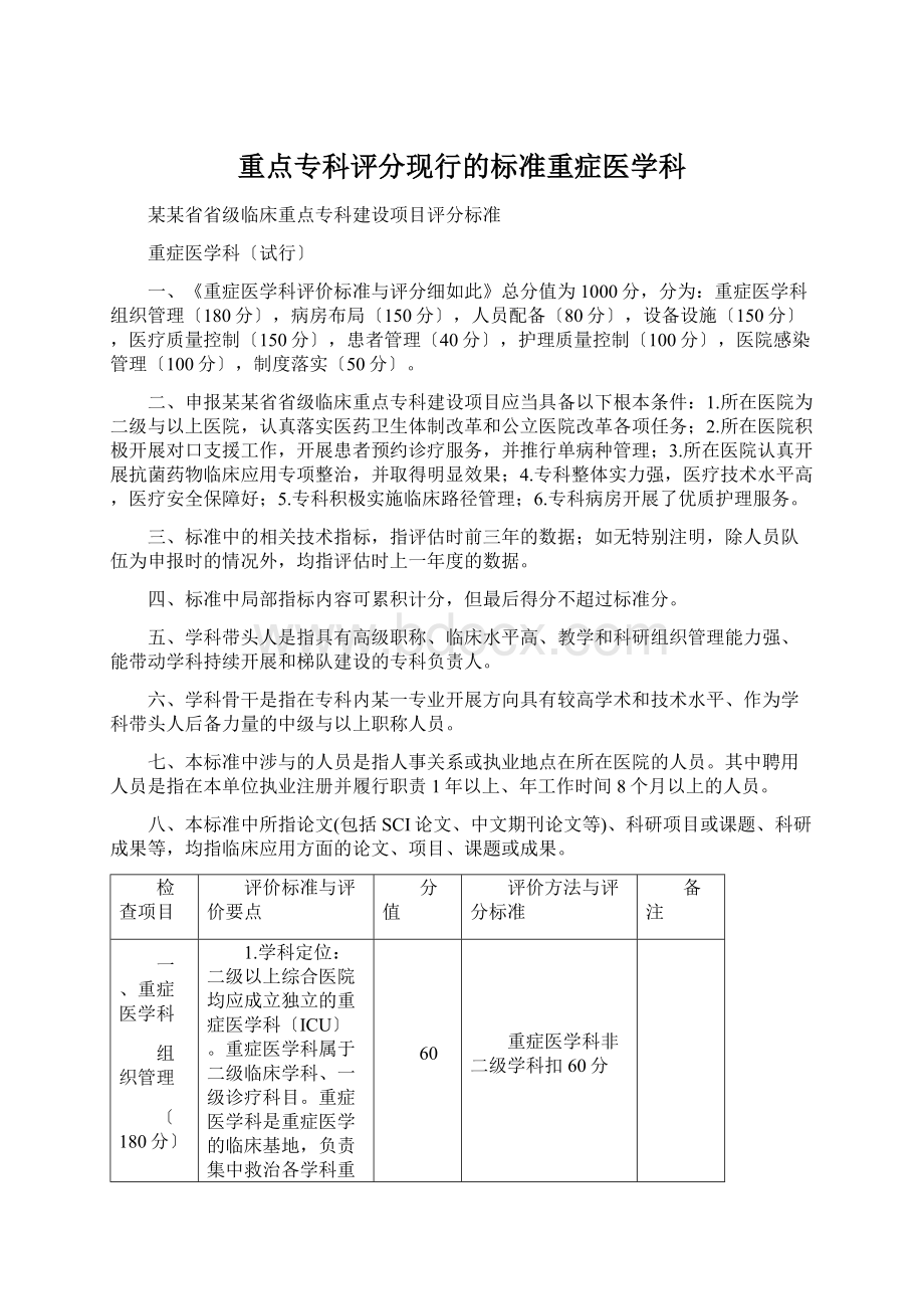 重点专科评分现行的标准重症医学科.docx