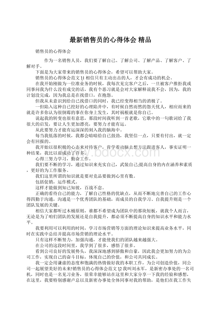 最新销售员的心得体会 精品.docx