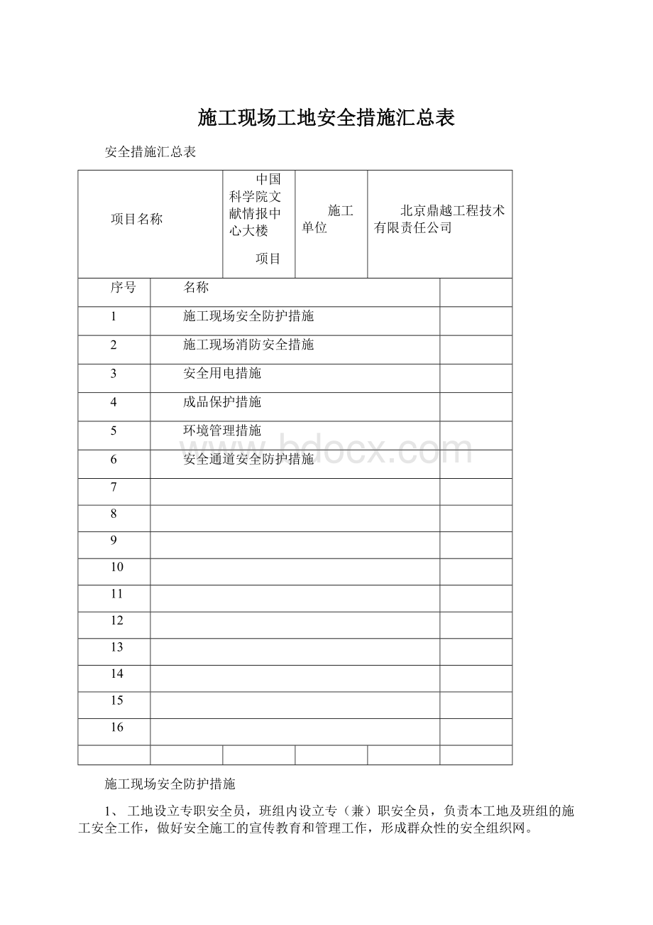 施工现场工地安全措施汇总表Word文档下载推荐.docx