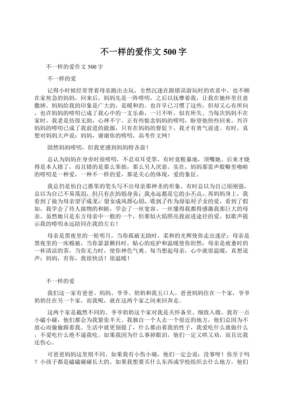 不一样的爱作文500字Word文档下载推荐.docx