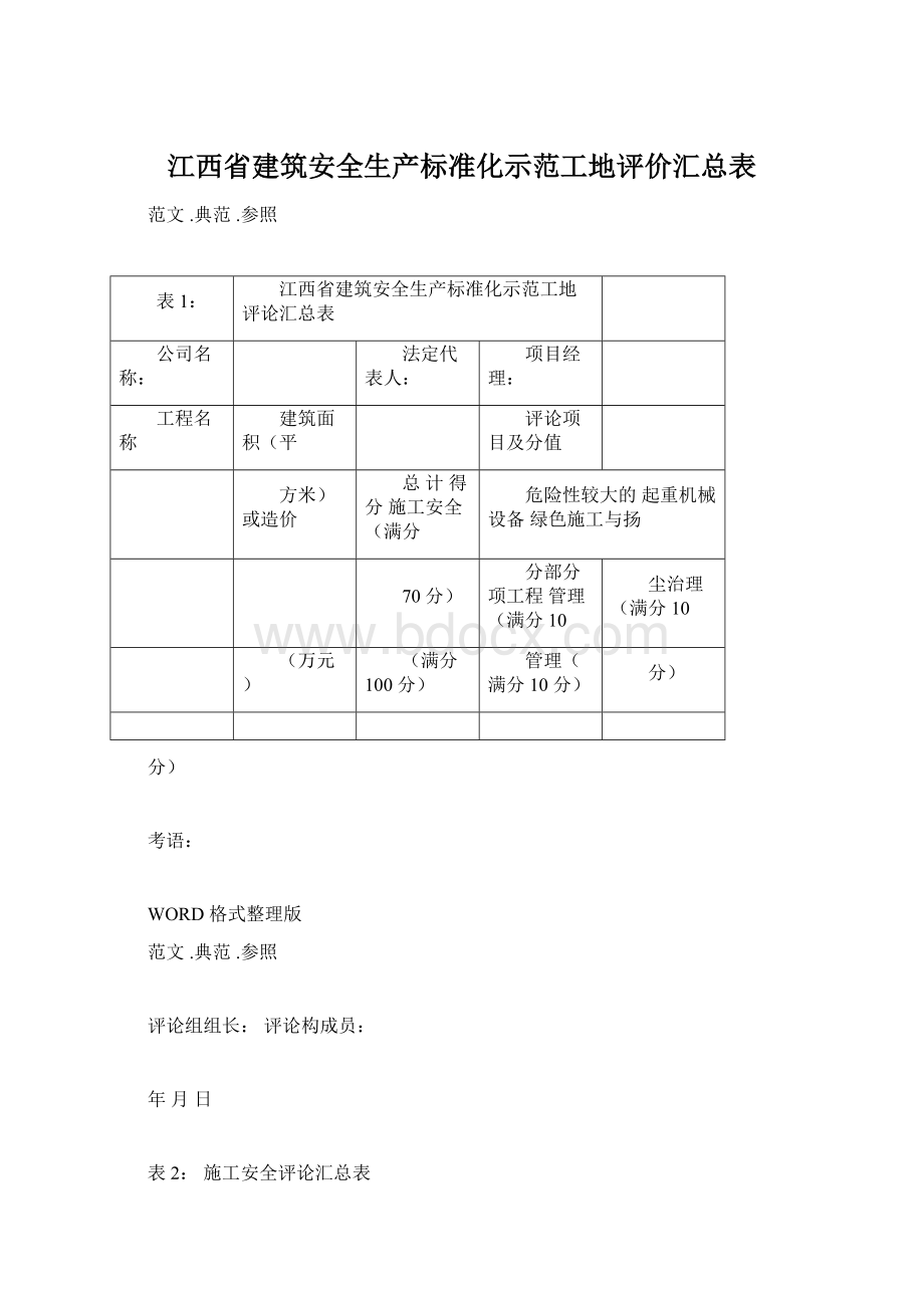 江西省建筑安全生产标准化示范工地评价汇总表.docx_第1页