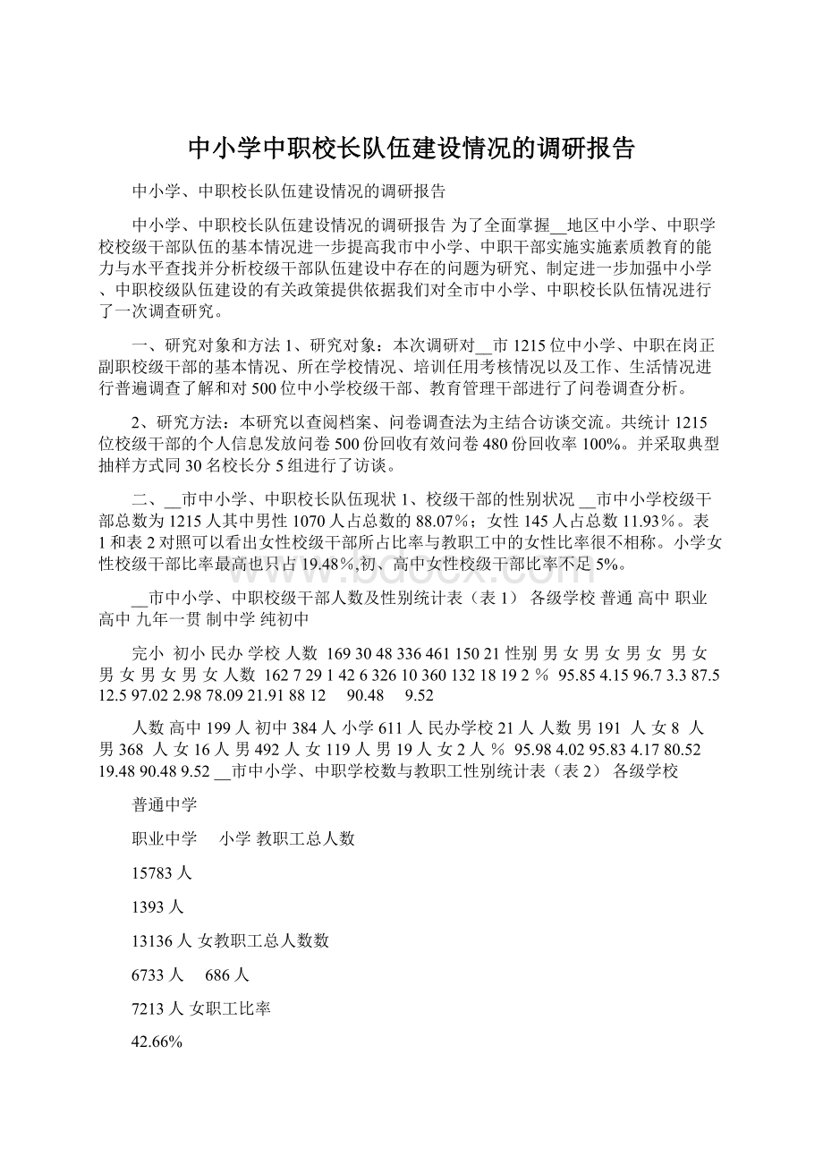 中小学中职校长队伍建设情况的调研报告Word格式文档下载.docx