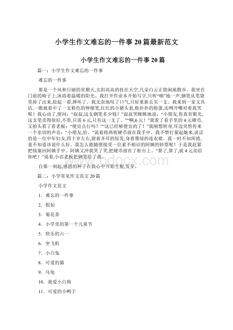 小学生作文难忘的一件事20篇最新范文文档格式.docx