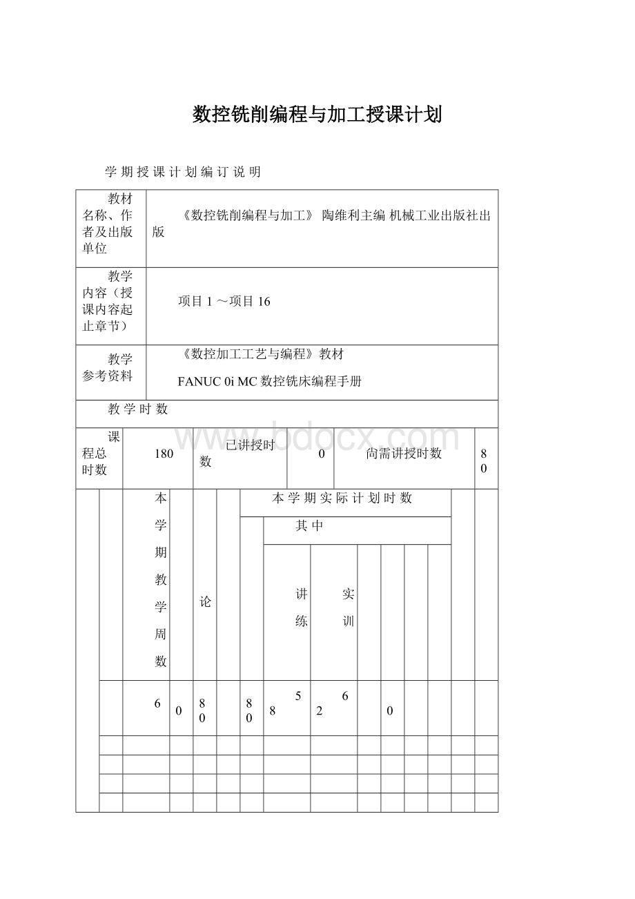 数控铣削编程与加工授课计划.docx_第1页