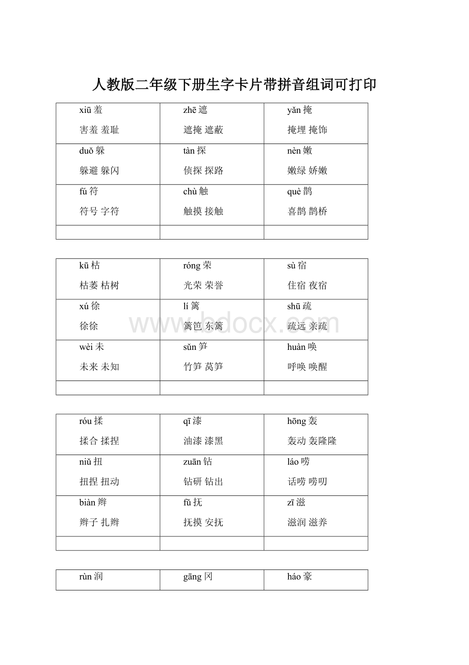 人教版二年级下册生字卡片带拼音组词可打印.docx_第1页