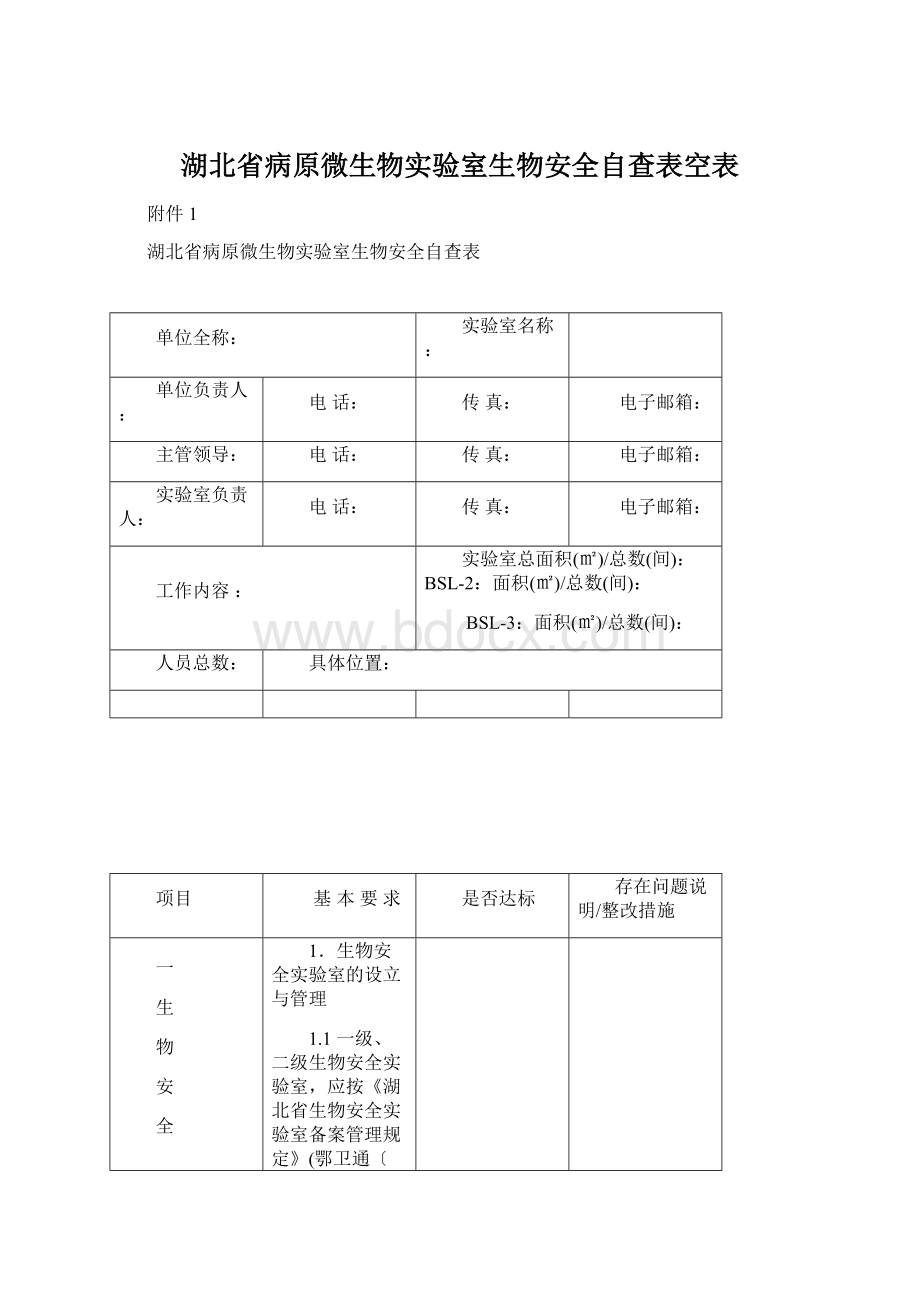 湖北省病原微生物实验室生物安全自查表空表.docx_第1页