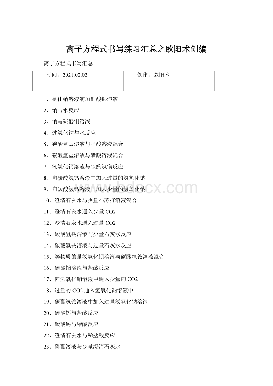 离子方程式书写练习汇总之欧阳术创编Word格式文档下载.docx_第1页