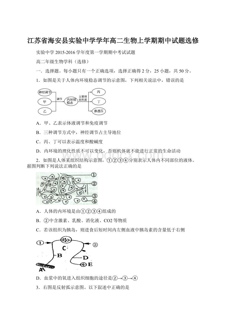 江苏省海安县实验中学学年高二生物上学期期中试题选修文档格式.docx_第1页